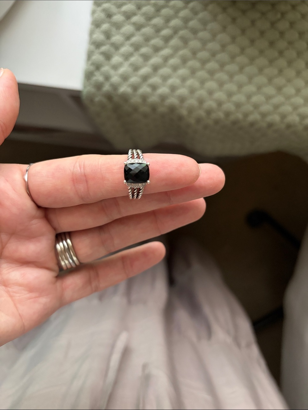 David Yurman Sterling Silver Ring with Black Cushion-Cut Stone